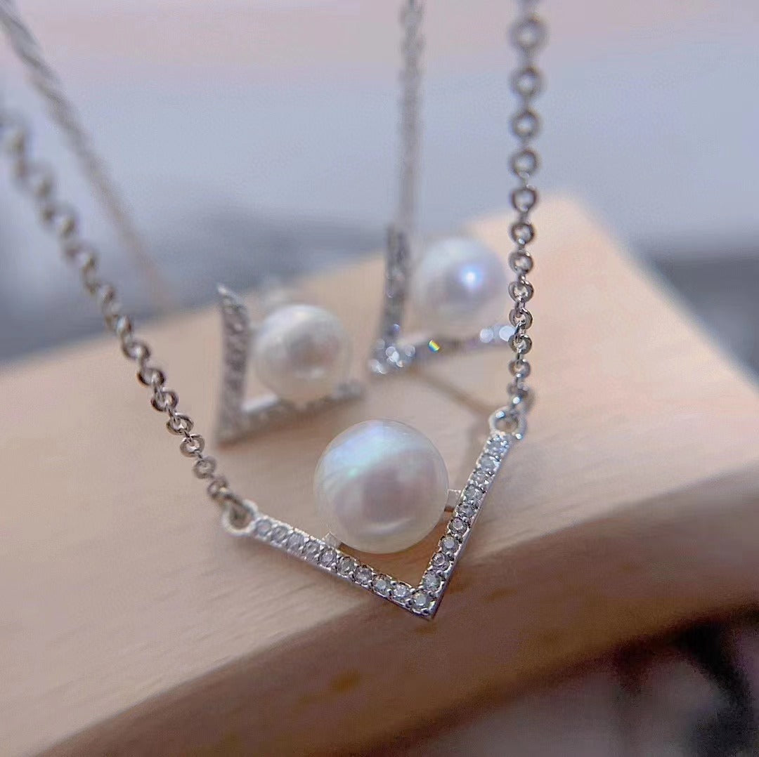 (J036)  S925 Pearl set V-shaped jewelry-Pendant & Earring & Ring