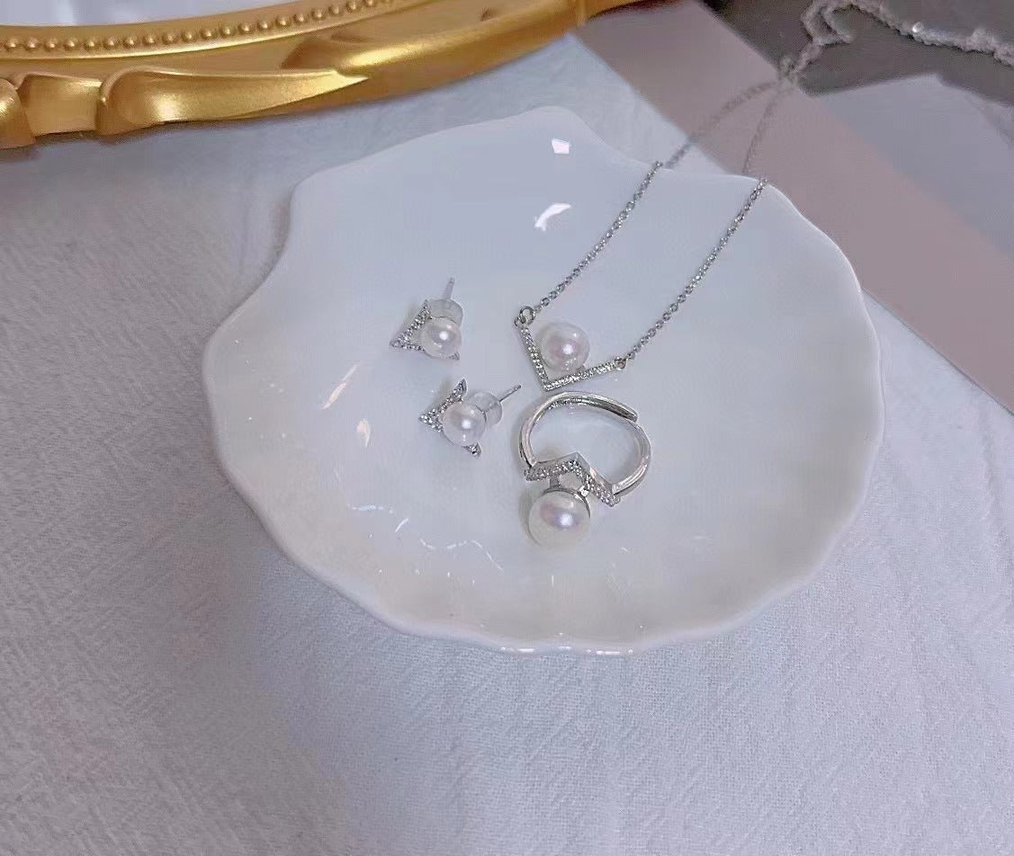 (J036)  S925 Pearl set V-shaped jewelry-Pendant & Earring & Ring