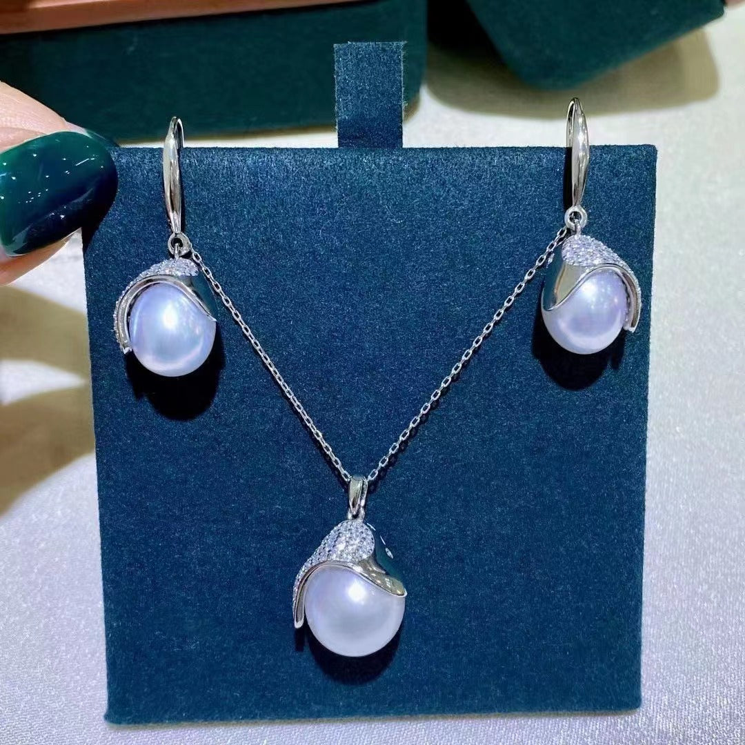 (J022)  S925 Silver inlaid Australian white pearl set