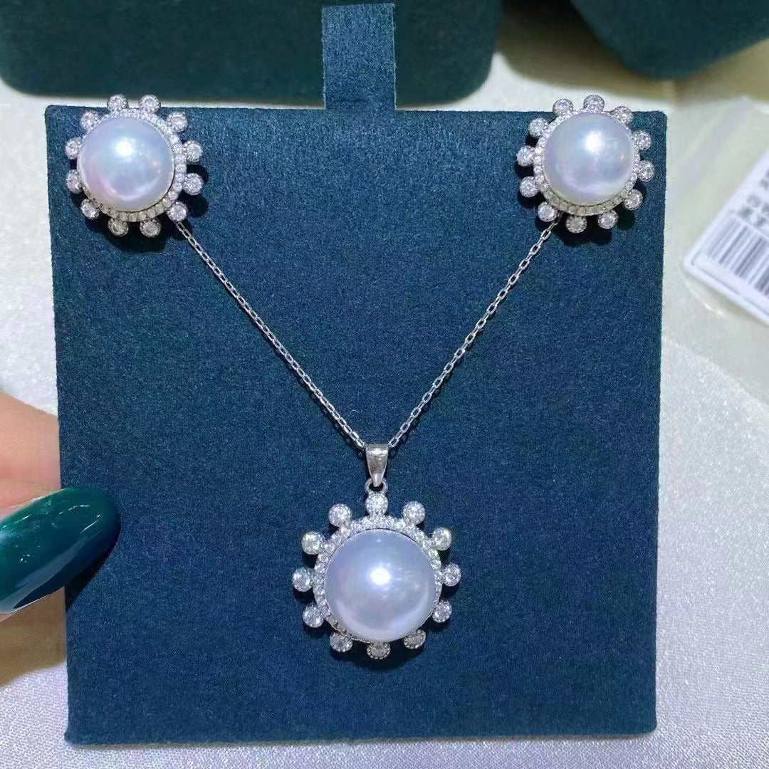 (J023)  S925 Silver inlaid Australian white pearl set