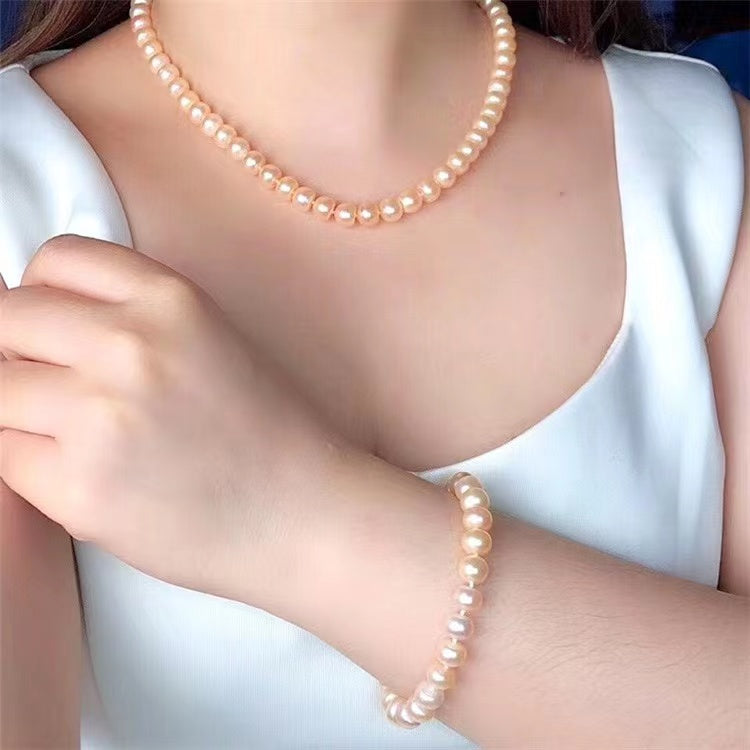 (J061)   button-shaped pearl set--necklace & bracelet & Earring
