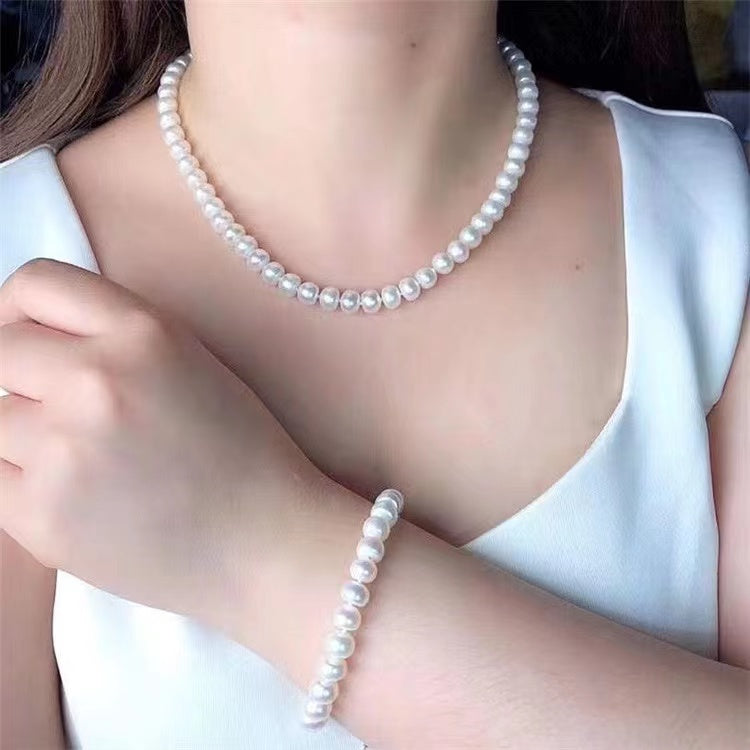 (J061)   button-shaped pearl set--necklace & bracelet & Earring
