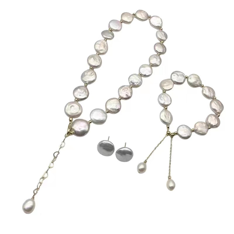 (J062)   Button baroque pearl set--necklace & bracelet & stud