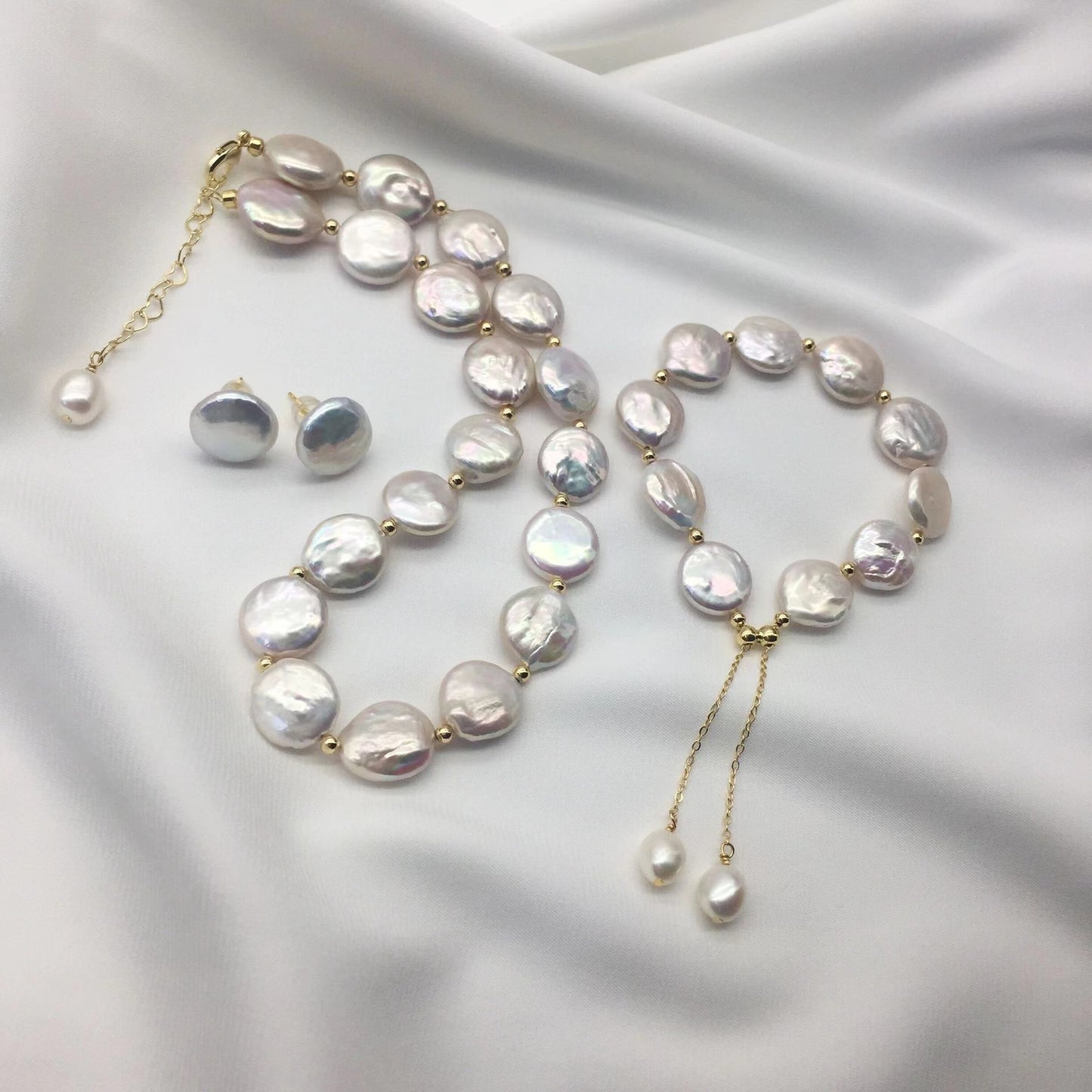 (J062)   Button baroque pearl set--necklace & bracelet & stud