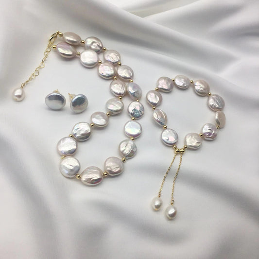 (J062)   Button baroque pearl set--necklace & bracelet & stud