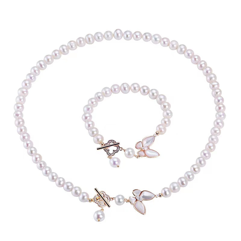 (J063)   Butterfly pearl set-necklace & bracelet