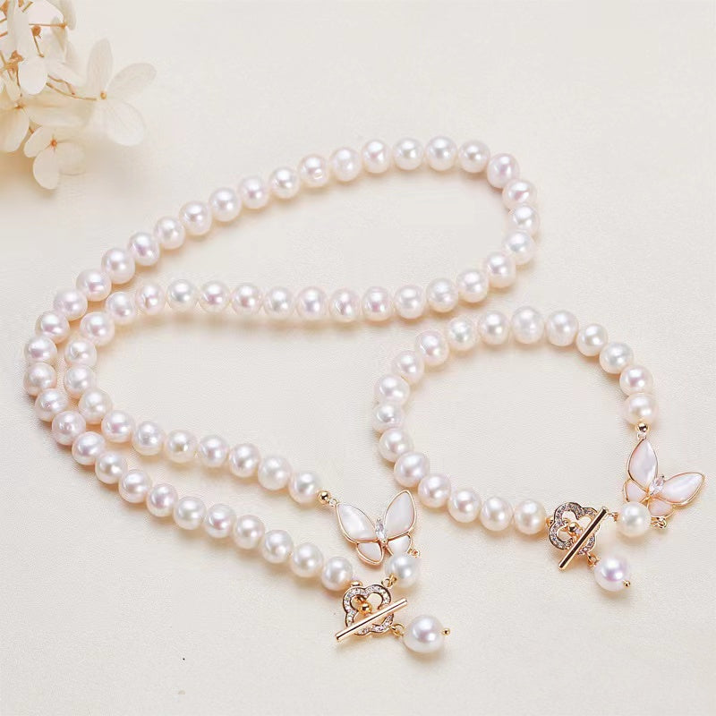 (J063)   Butterfly pearl set-necklace & bracelet