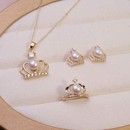 (J056)   Crown pearl set--Pendant & Earring & Ring