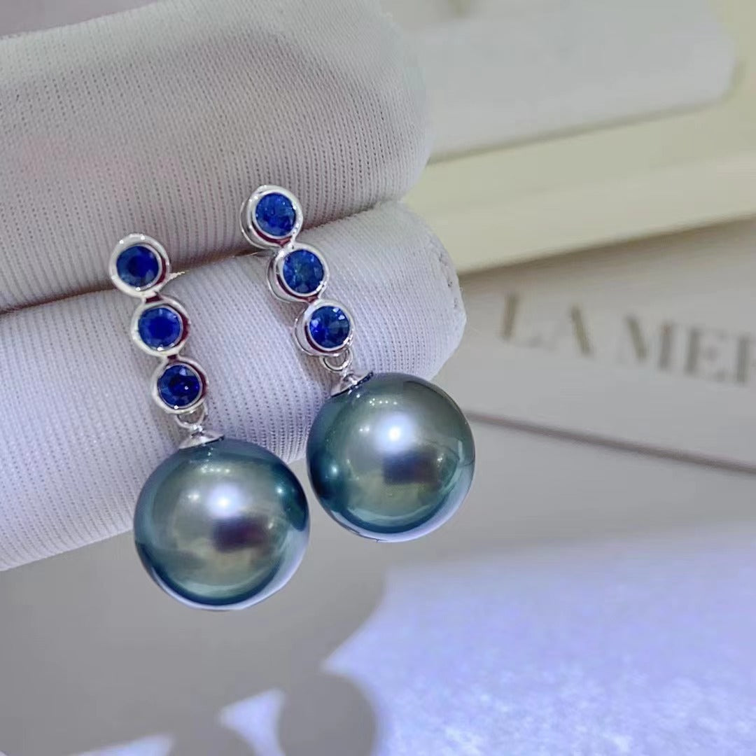 (E031)Black tahitian 10-11mm earring saltwater pearl 18K gold  with sapphire gemstone