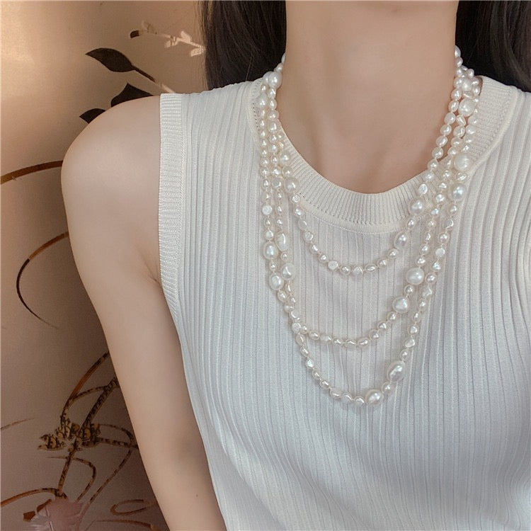 (N008)Baroque freshwater pearl necklace multi-layer irregular layered long sweater necklace