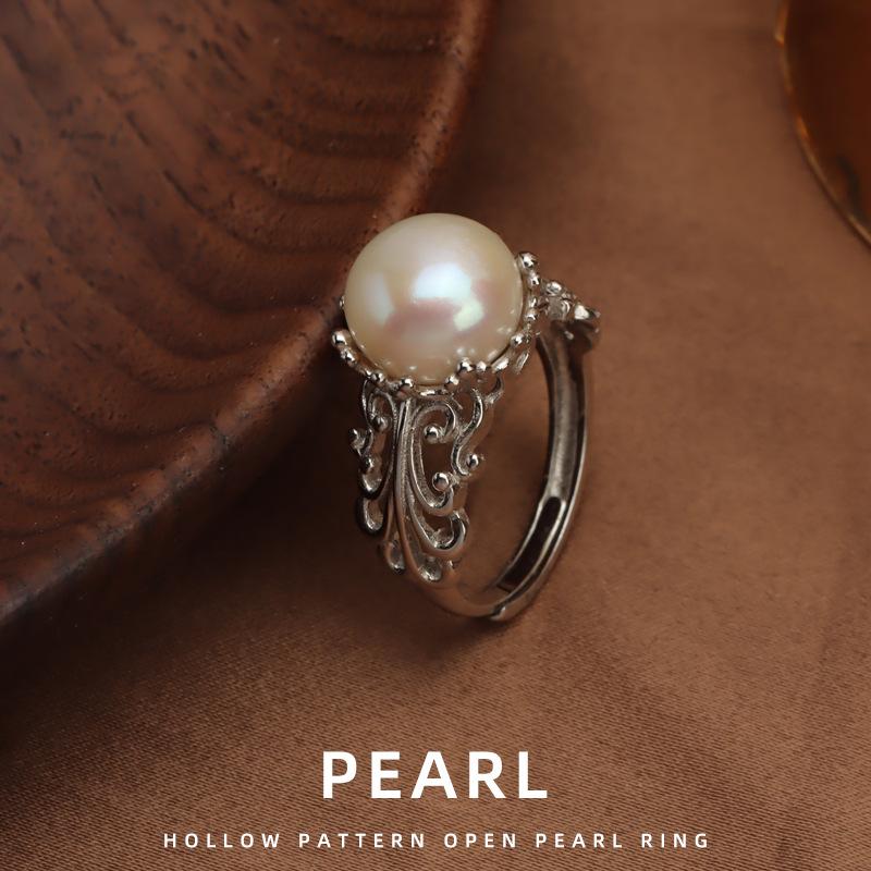 Carved sterling silver pearl ring