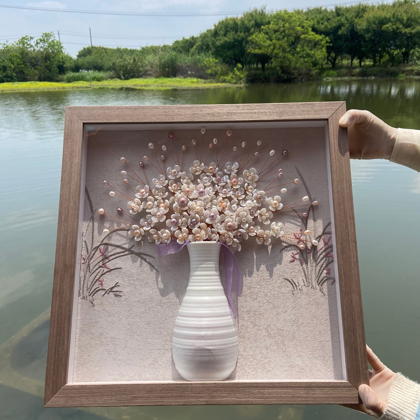 Cadre de vase à perles brodé, cadeau artisanal, fleur de perle faite à la main pour décoration murale et de maison