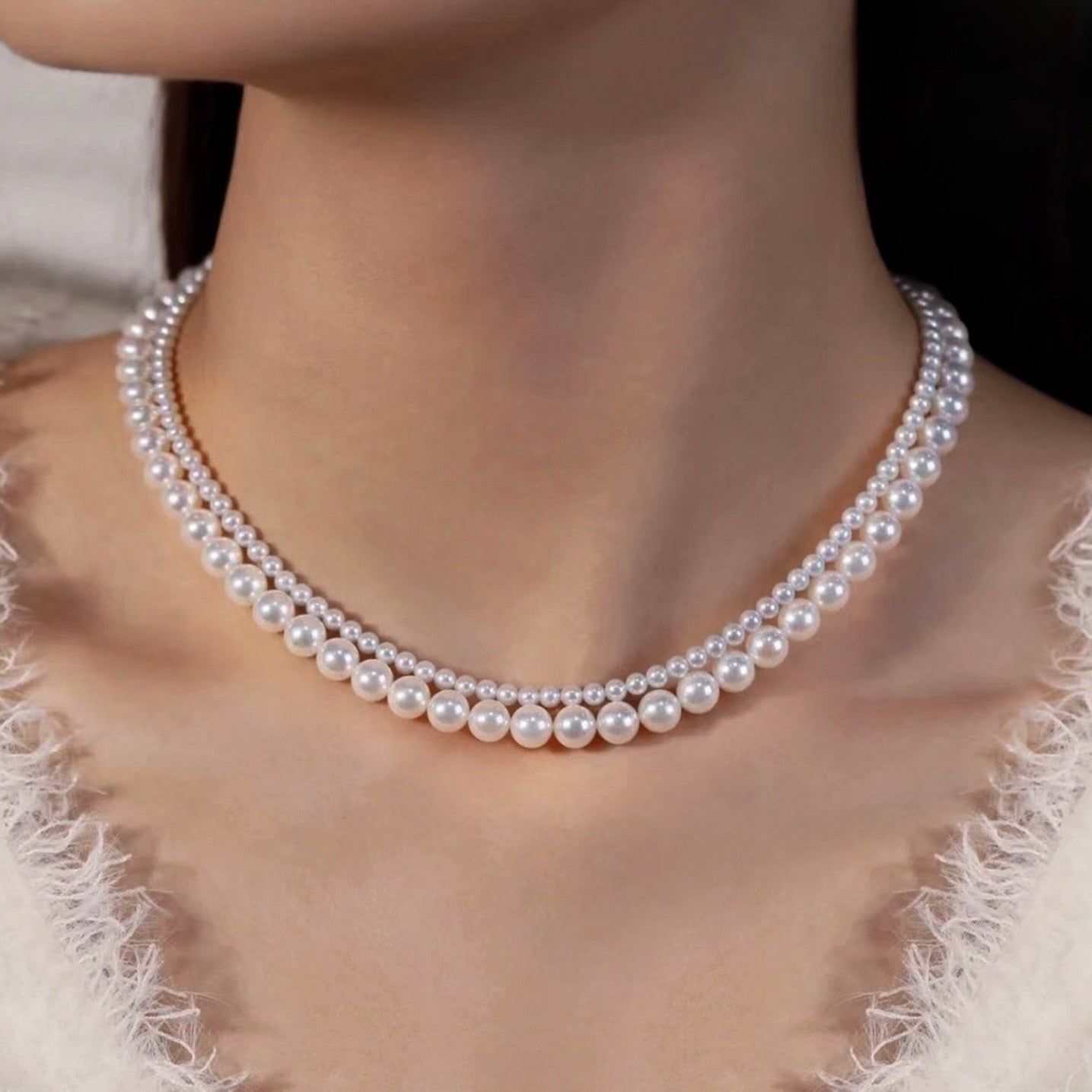 S925 two regular& Akoya pearl necklace together sterling silver necklce set USD550