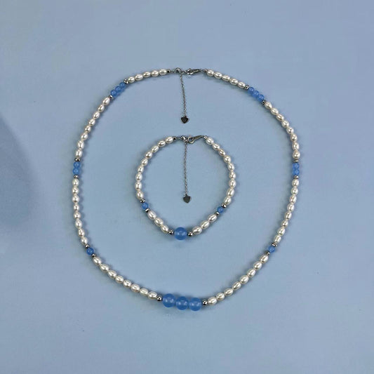 S925 Silver Aquamarine Pearl set