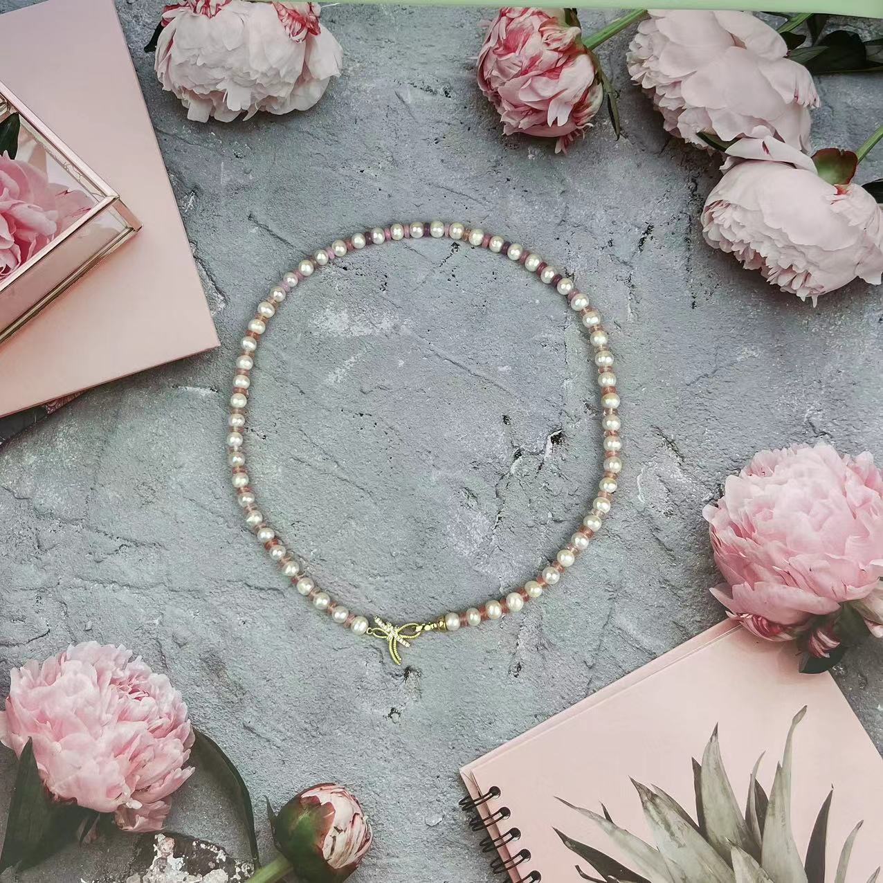 Pearl and crystal long necklace