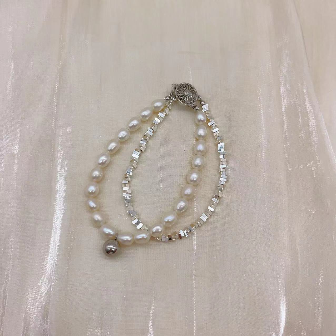 double-deck Double pearl and keshi bead bracelet