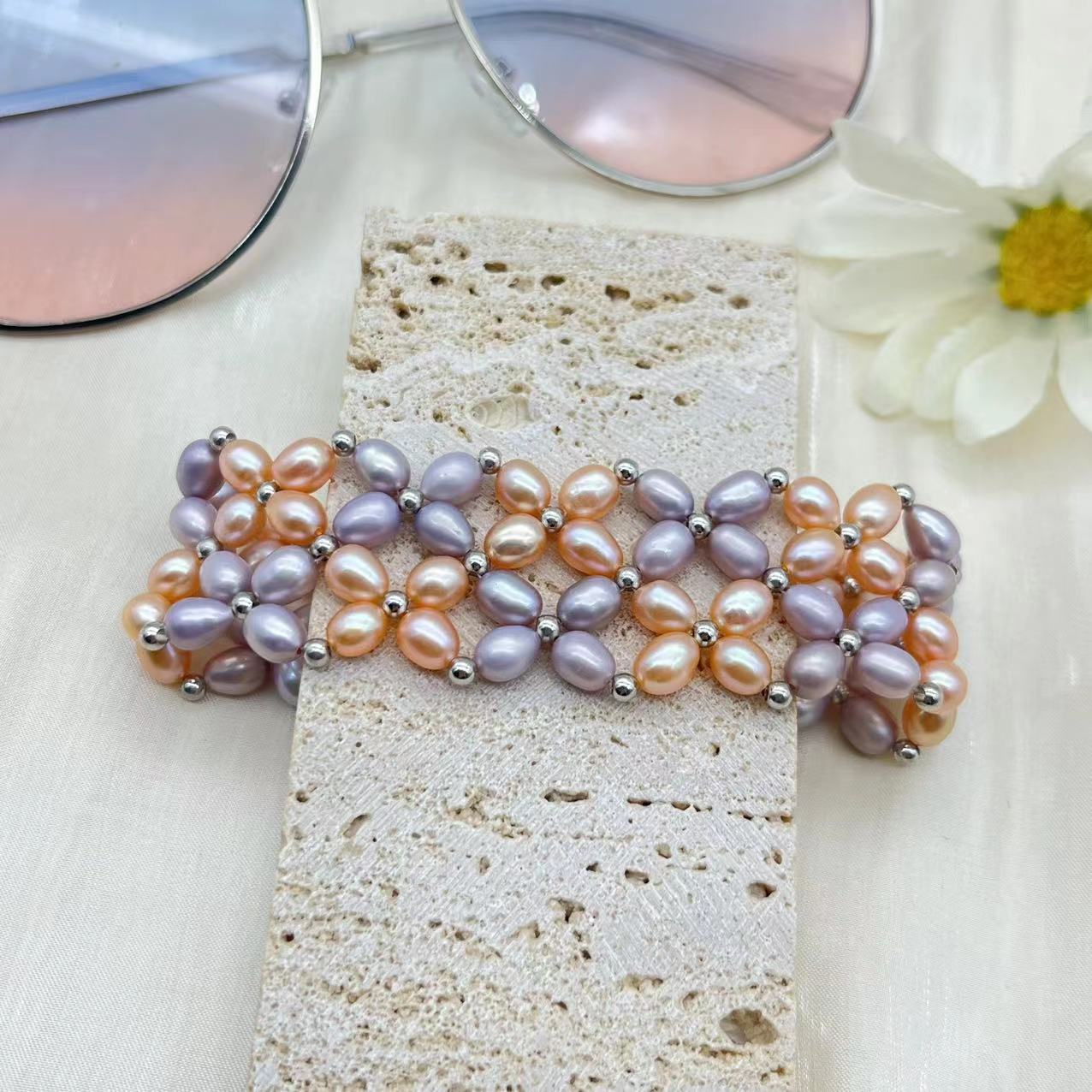 Purple and champagne pearl woven bracelet