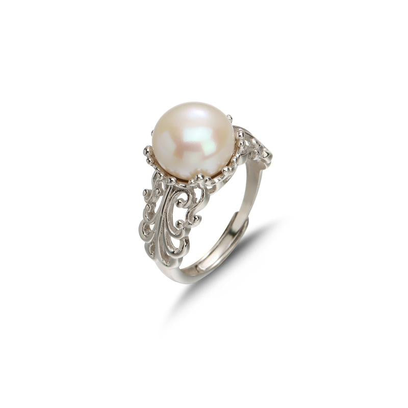 Carved sterling silver pearl ring