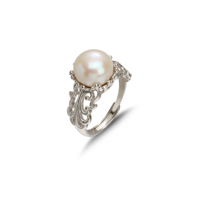 S925 silver  hollow pattern natural freshwater pearl ring