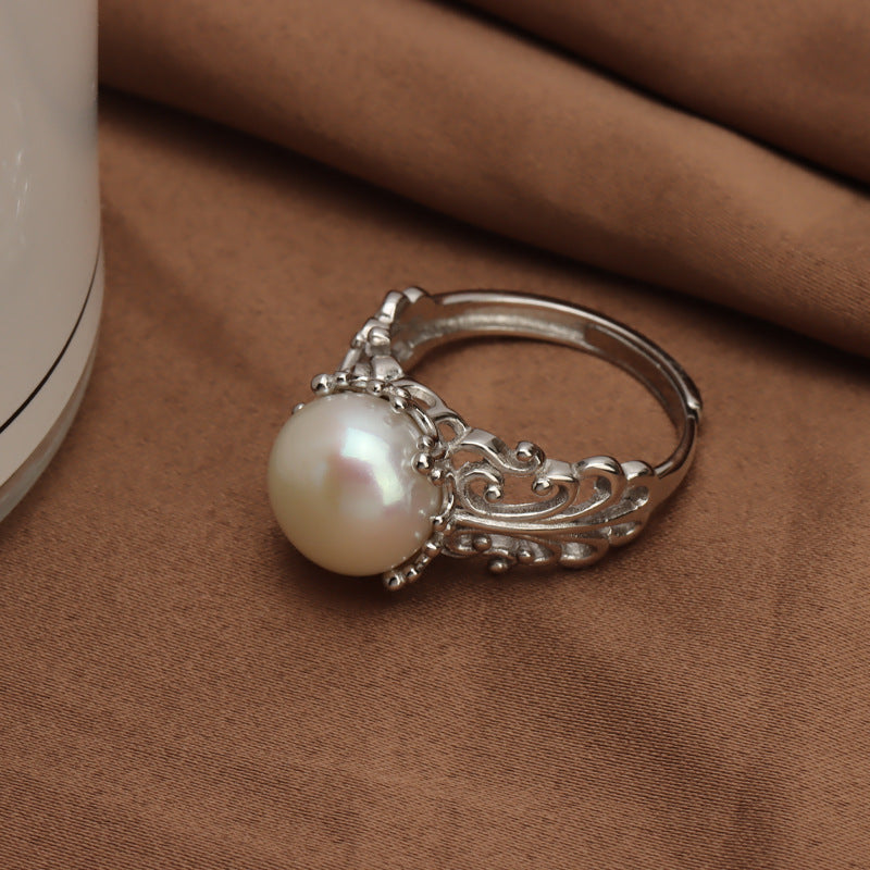 S925 silver  hollow pattern natural freshwater pearl ring