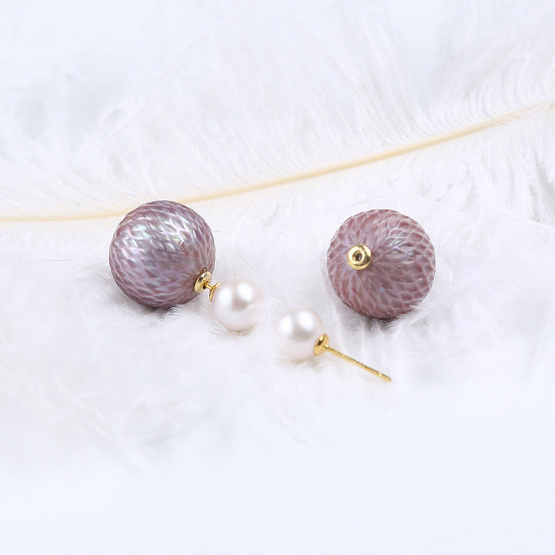 Dragon scale carved natural purple Edison pearl stud earrings