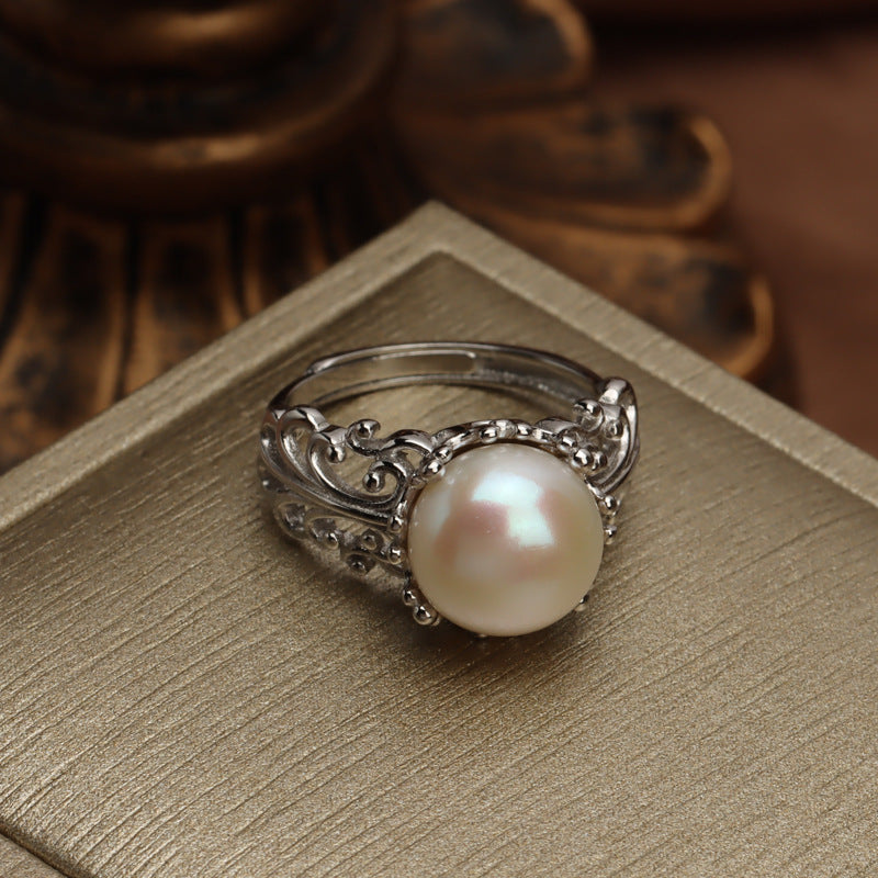 S925 silver  hollow pattern natural freshwater pearl ring