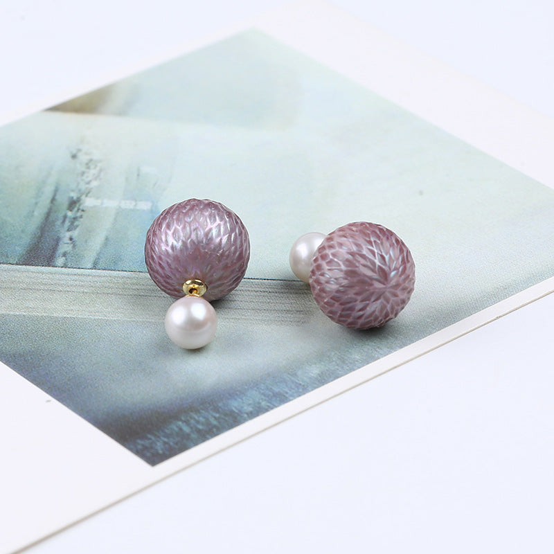 Dragon scale carved natural purple Edison pearl stud earrings