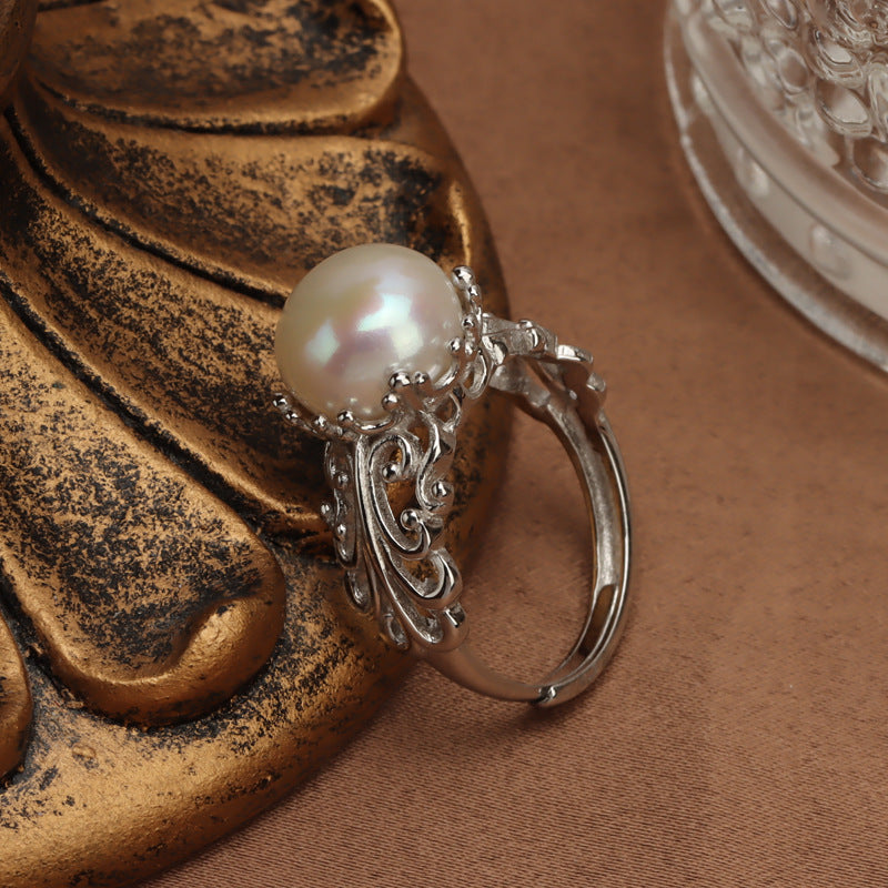 Bague en argent S925, motif creux, perle d'eau douce naturelle