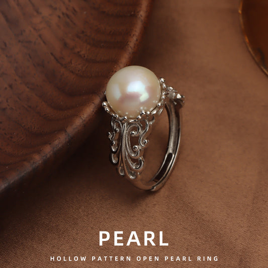 S925 silver  hollow pattern natural freshwater pearl ring