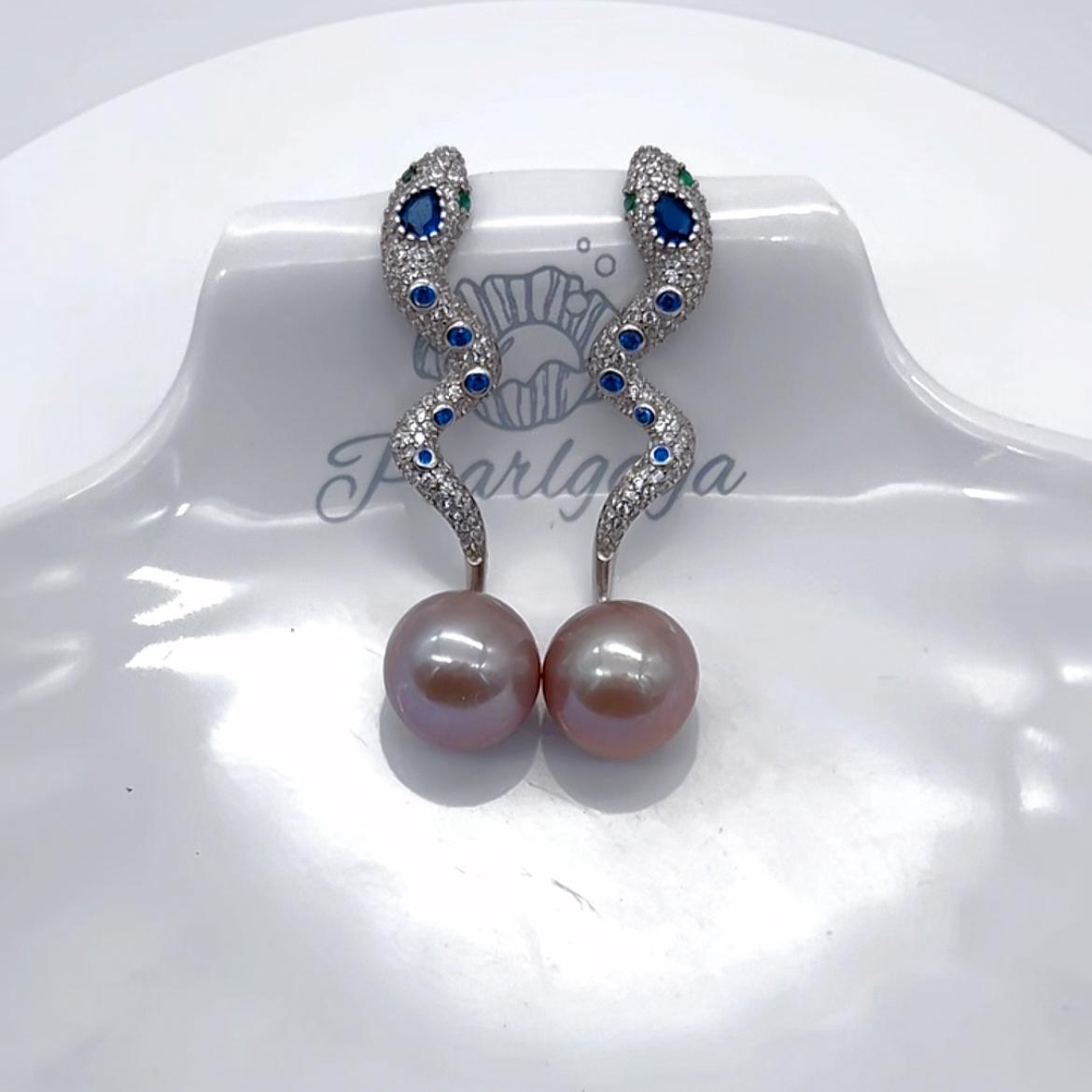 Serpentine Edison pearl silver earrings