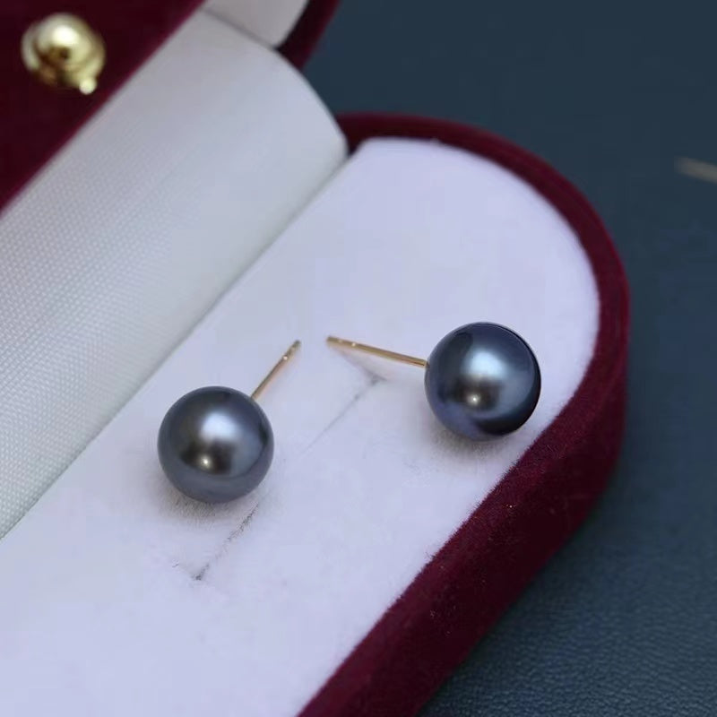 Black Tahitian Earring Stud 9-10mm Pearl Size in Sterling Silver 18K gold Metal Material Option (E41)