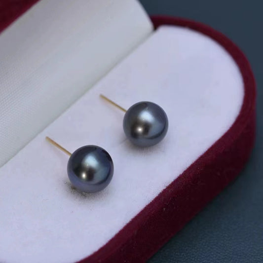 Black Tahitian Earring Stud 9-10mm Pearl Size in Sterling Silver 18K gold Metal Material Option (E41)