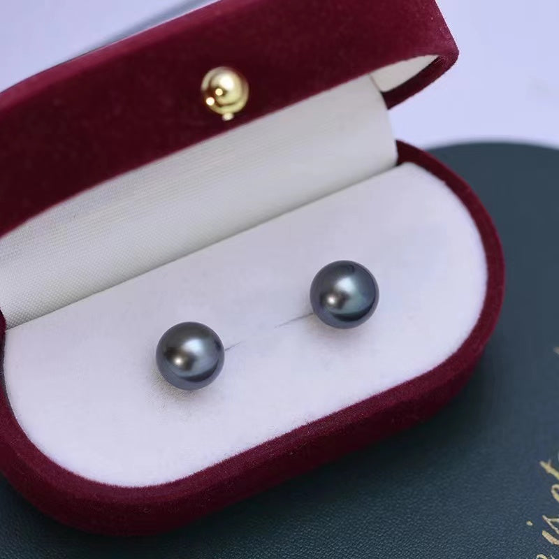 Boucle d'oreille tahitienne noire, taille de perle 9-10mm, en argent sterling, or 18 carats, option de matériau métallique (E41)